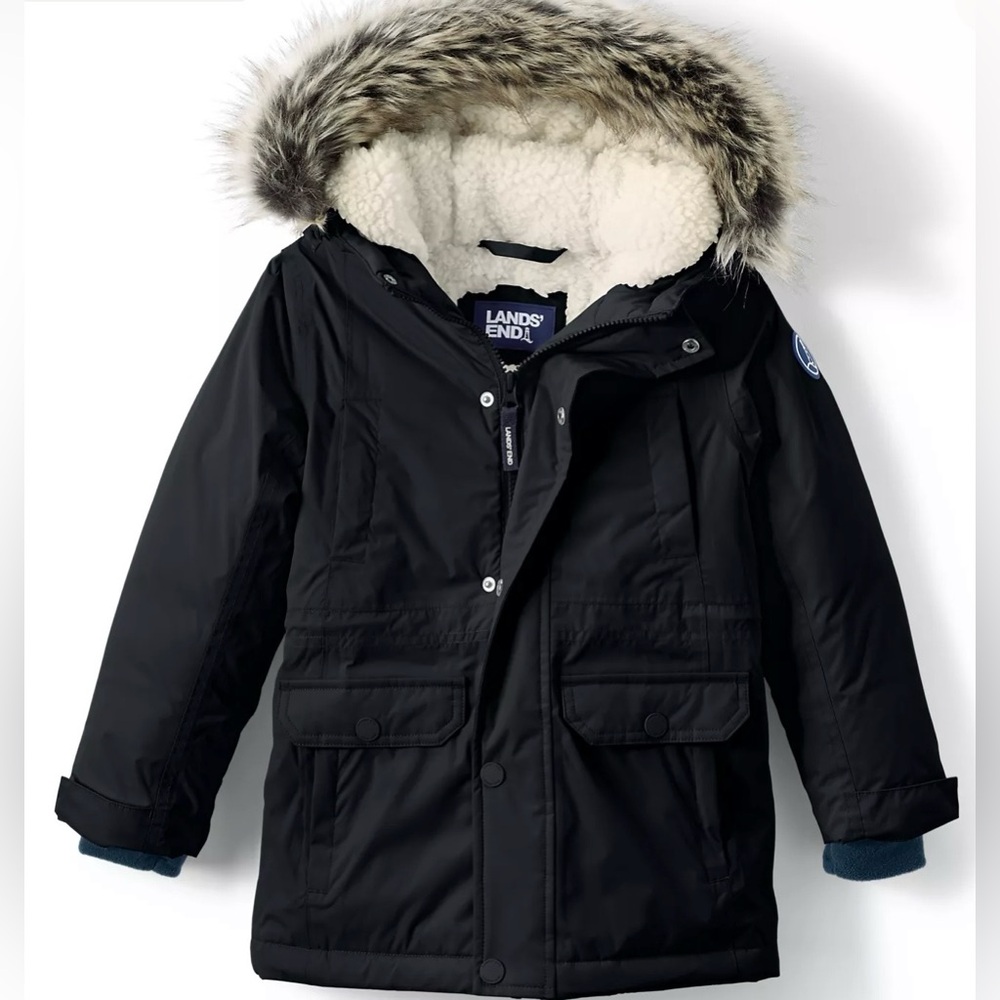 Lands' End Black Coat with Faux Fur Trim